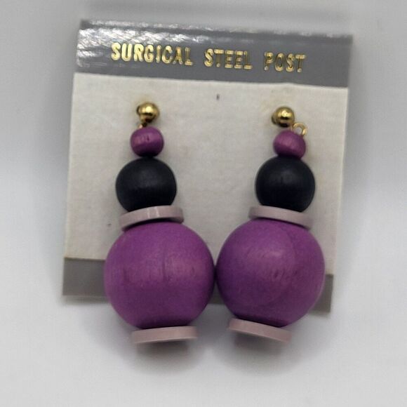 Lot Of 6 Artisan Wooden Button Earrings Purple 2in - Picture 4 of 5